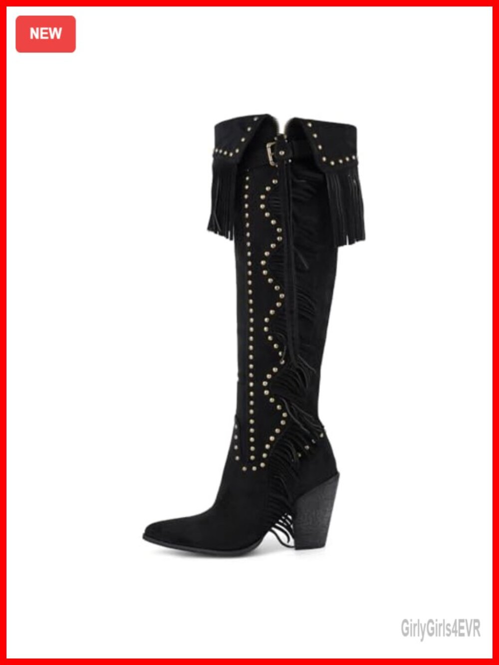 Studded Fringe Suede Knee High Western Boots Chunky Heel Pull On